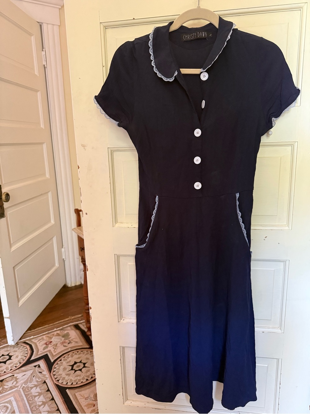 Christy Dawn Navy Blue Midi Dress with White Trim